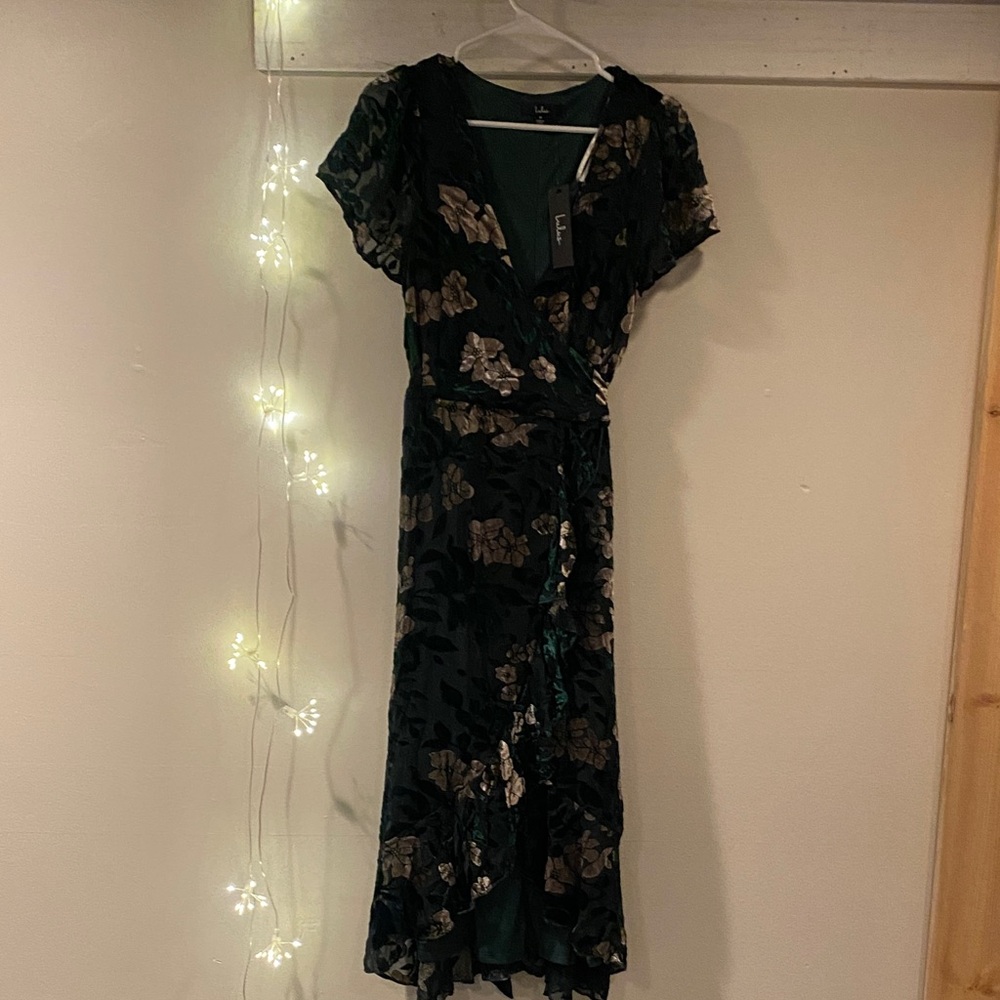 Lulu's Dark Green Velvet Floral Wrap Midi Dress with Gold Accents
